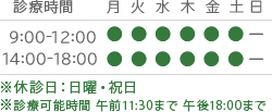 診療時間 9:00-12:00/14:00-18:00 月 火 水 木 金 土 日 9:00〜12:00 ● ● ● ● ● ● ー 14:00〜18:00 ● ● ● ● ● ● ー
